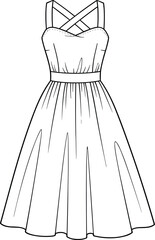 Elegant women's dress fashion sketch illustration featuring a sleeveless crisscross strap design, flared skirt silhouette, garment template, and clothing outline drawing