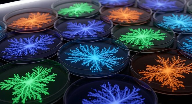 Closeup of colorful glowing fractal patterns in petri dishes on a dark surface