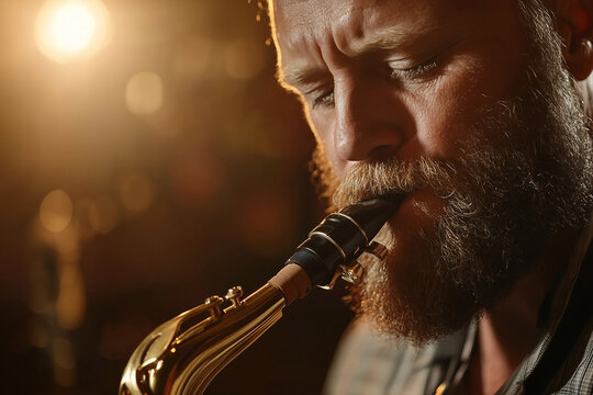 Generative AI Image of a Jazz Performer Playing a Saxophone in a Vibrant Atmosphere - Powered by Adobe