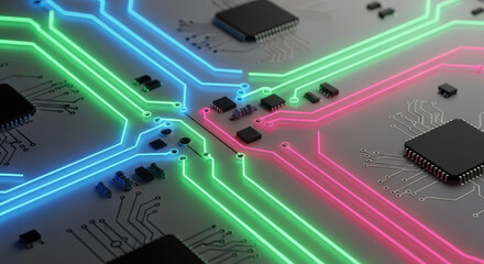 Circuit board with neon glowing paths isolated PNG with Transparent Background