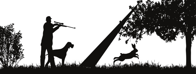 Silhouette hunter aiming rifle with hunting dog and fleeing rabbit in outdoor woodland scene, wildlife chase illustration under dramatic forest shadow