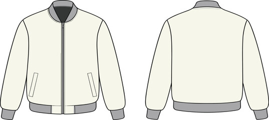 Minimalist bomber jacket vector illustration, front and back view, fashion flat sketch, apparel design template, outerwear mockup, clothing technical drawing