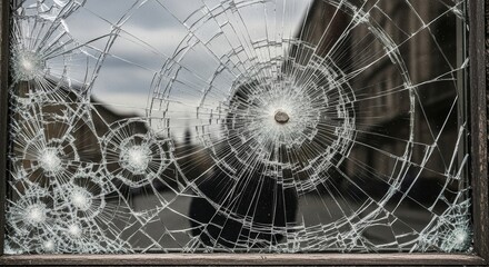 Broken window glass with street reflections revealing a damaged crime scene.