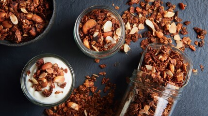 Assorted granola and yogurt parfaits on a dark surface.