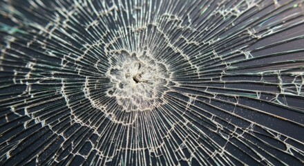 Shattered glass on a black surface after impact, showing a spiderweb pattern, damage detail, close up.