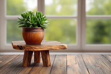 A lush green succulent in a wooden pot sits on a rustic wooden stool by a window