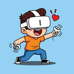 Cheerful boy wearing VR headset and holding controllers experiencing virtual reality with joy.
