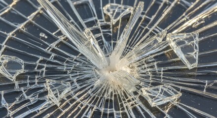 Cracked glass detail with shattered pieces and sharp edges, high-angle close up.