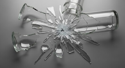 Glass bottles exploded into shards on a gray surface, destruction concept. Still life of a destroyed clear bottles.