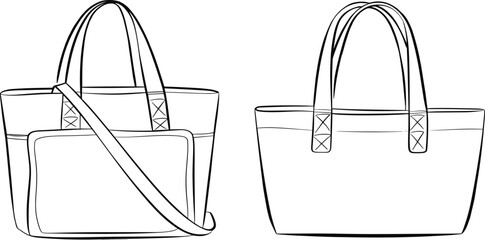 Tote bag vector illustration featuring front and back views, detailed line artwork, fashion accessory design template, handbag outline sketch for product presentation