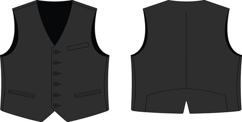 Classic formal vest front and back technical flat sketch, men’s waistcoat design illustration, tailored apparel template, fashion garment outline drawing