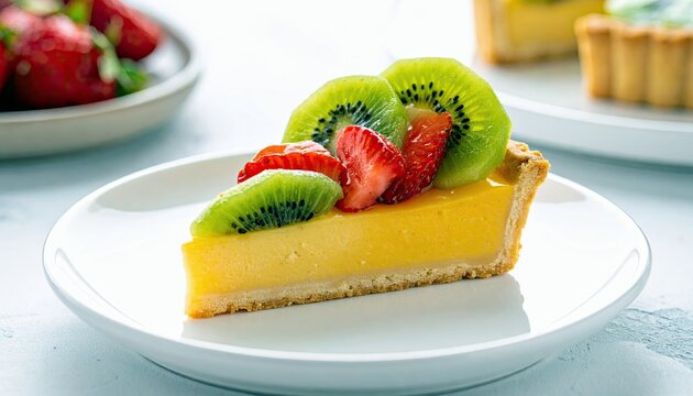 A slice of fruit tart topped with vibrant kiwi slices and fresh strawberries sits on a white plate, ready to be enjoyed.