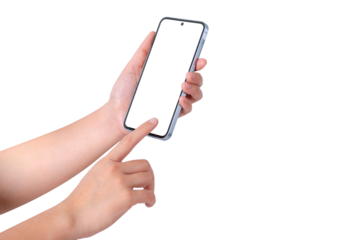 Close-up of hand showing blank smartphone screen isolated on transparent background Suitable for technology, marketing, product placement and advertising concepts.