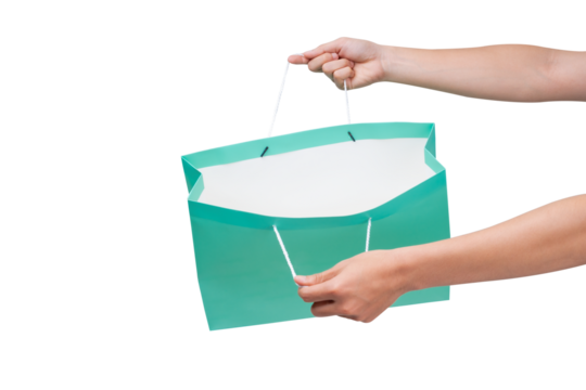 Hand holding green shopping bag with empty space on transparent background