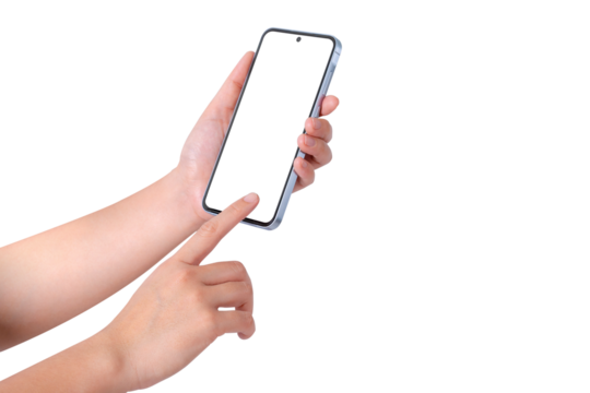 Close-up of hand showing blank smartphone screen isolated on transparent background Suitable for technology, marketing, product placement and advertising concepts. - Powered by Adobe