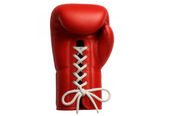 Red boxing glove with white laces, symbolizing power, competition, fighting, and winning on transparent background