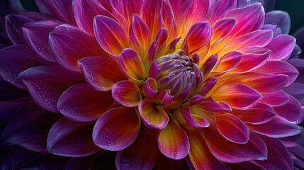 Close up of a colorful dahlia flower showing its intricate petal details, with vibrant shades of purple, pink, and orange against a dark background