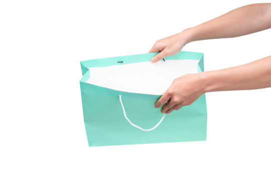 Hand holding green shopping bag with empty space on transparent background