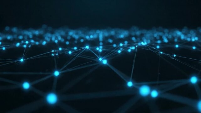 Abstract digital network with glowing blue nodes connected by lines on a dark background