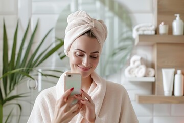 A woman in a cozy robe and towel looks at her smartphone to track her skincare routine, focusing on applying serum in a bright, well-decorated bathroom with plants