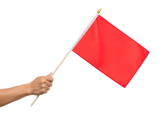 Hand holding a plain red rectangular flag on a wooden stick with a gold tip isolated on a transparent background