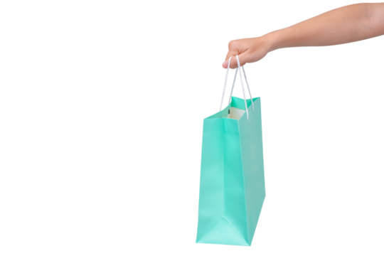 Hand holding green shopping bag with empty space on transparent background