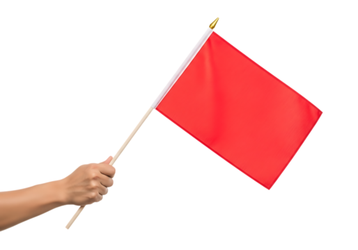 Hand holding a plain red rectangular flag on a wooden stick with a gold tip isolated on a transparent background