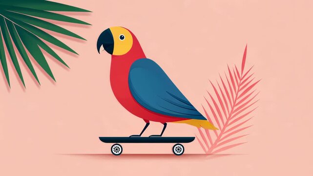 Vibrant parrot skateboarding through tropical setting with palm leaves