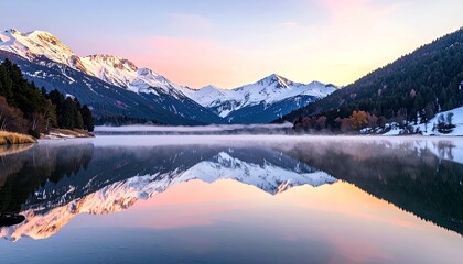 Majestic snow-covered mountains are mirrored in a calm, misty lake during a serene sunrise, creating a breathtaking natural landscape.