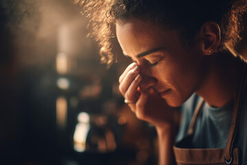 A barista savoring the aroma of freshly ground coffee, eyes closed in a warm, intimate moment that captures passion, craft, and the sensory beauty of coffee-making
