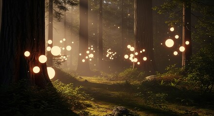 Enchanted forest with magical glowing lights, perfect for fantasy novel covers and whimsical digital art projects with a touch of ethereal beauty