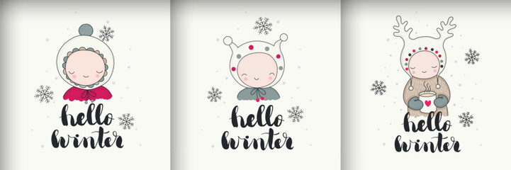 Naklejka premium Cute winter illustrations, cards. Children wearing warm clothes outside under a falling snow. People walk and enjoy a cozy rest with a hot drink. Hello, winter.