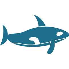 A simple graphic illustration of a teal orca whale with a white patch and dorsal fin swimming with a transparent background isolated on white