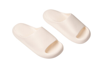 Minimalist white sandals isolated on a transparent PNG. Ideal for concepts related to summer fashion, travel, relaxation, minimalist style and e-commerce product.