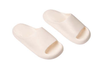 Minimalist white sandals isolated on a transparent PNG. Ideal for concepts related to summer fashion, travel, relaxation, minimalist style and e-commerce product.