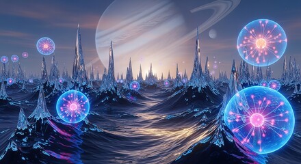 Breathtaking alien landscape with glowing orbs under Saturn's gaze, perfect for sci-fi book covers or futuristic tech concepts