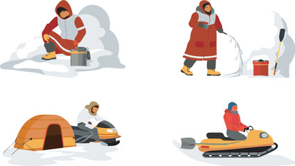 An extreme ice fishing expedition unfolds on a remote frozen tundra landscape showcasing the rugged beauty of winter wilderness and adventurous pursuit