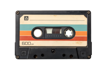 Retro cassette tape from the 1980s with colorful stripes, a nostalgic symbol of old technology and music