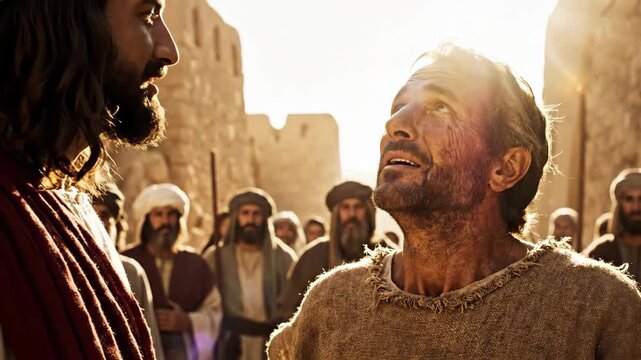 Jesus Christ performs a miracle by healing a blind man. The man opens his eyes and sees for the first time. Biblical story of faith and hope
