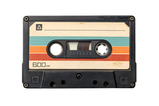 Retro cassette tape from the 1980s with colorful stripes, a nostalgic symbol of old technology and music