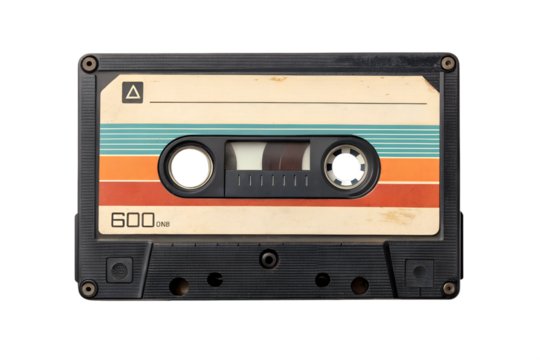 Retro cassette tape from the 1980s with colorful stripes, a nostalgic symbol of old technology and music