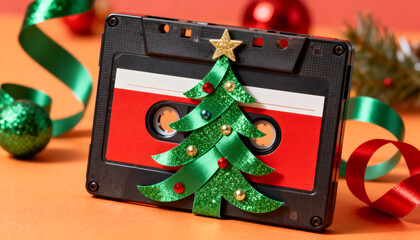 Retro cassette tape with ribbon shaped like Christmas tree. Nostalgia-themed holiday design.