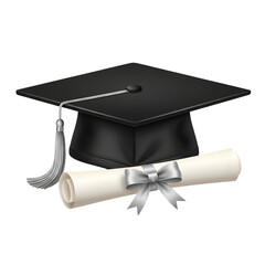 Black Graduation Cap with Silver Tassel and Rolled Diploma Illustration