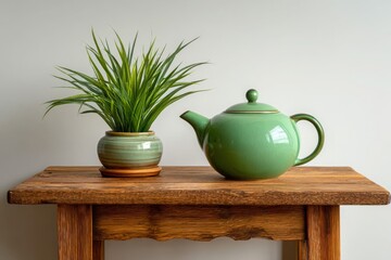 A green ceramic teapot and a potted plant sit on a rustic wooden table