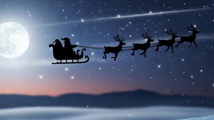 Santa Claus flying in his sleigh with reindeer across the night sky. Animated silhouette against a full moon on Christmas Eve. Magical winter holiday background - Powered by Adobe