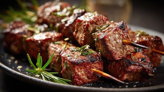 Greek beef souvlaki skewers, tender grilled beef cubes with rich browning and herbs, juicy texture, rustic plate