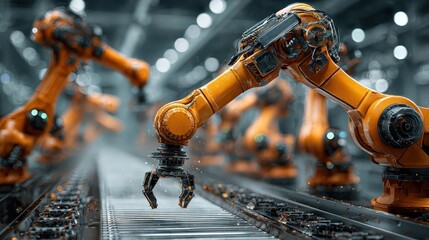 Factory worker inspects yellow robotic arms with tablet in manufacturing plant