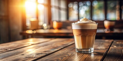 Aromatic Coffee Drink with Whipped Cream on Rustic Wooden Table in Sunlit Cafe