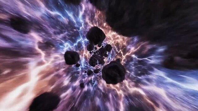 A cosmic journey through a vibrant nebula filled with asteroids and celestial wonders abound