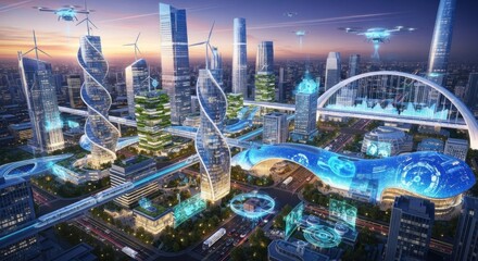 A futuristic cityscape with tall buildings, flying drones, and a futuristic skyline at sunset.